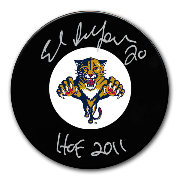 Ed Belfour autographed Florida Panthers hockey puck with HOF 2011 inscription