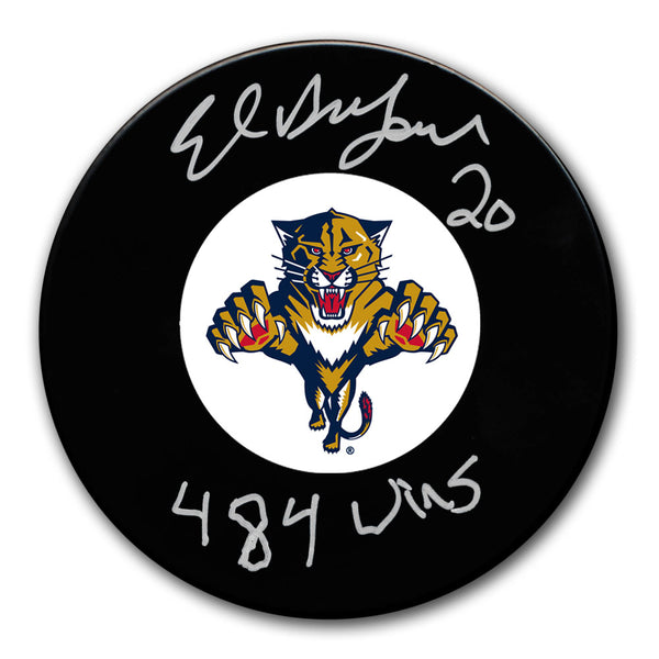 Ed Belfour autographed Florida Panthers hockey puck with 484 Wins inscription