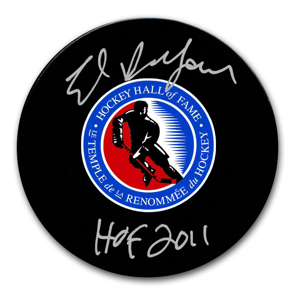 Ed Belfour autographed Hockey Hall of Fame hockey puck with HOF 2011 inscription