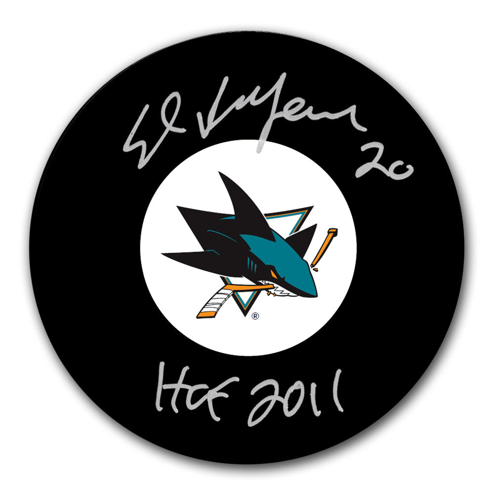 Ed Belfour autographed San Jose Sharks hockey puck with HOF 2011 inscription