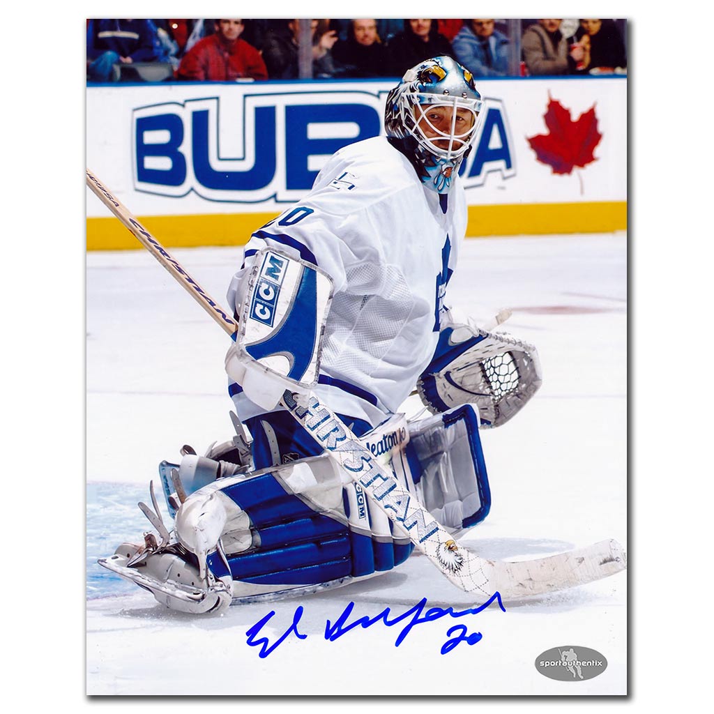 Ed Belfour autographed Toronto Maple Leafs 8x10 photo maiing a kick save