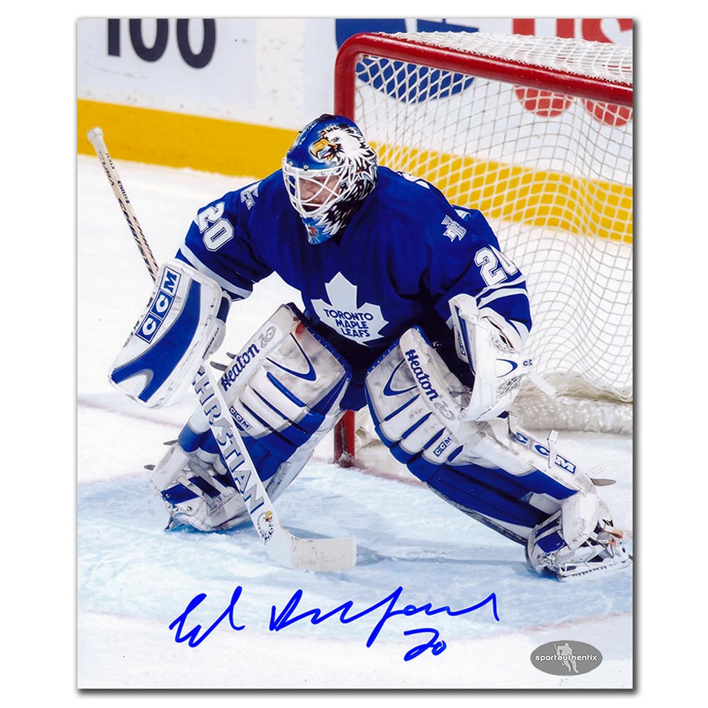 Ed Belfour autographed Toronto Maple Leafs 8x10 photo in a butterfly stance