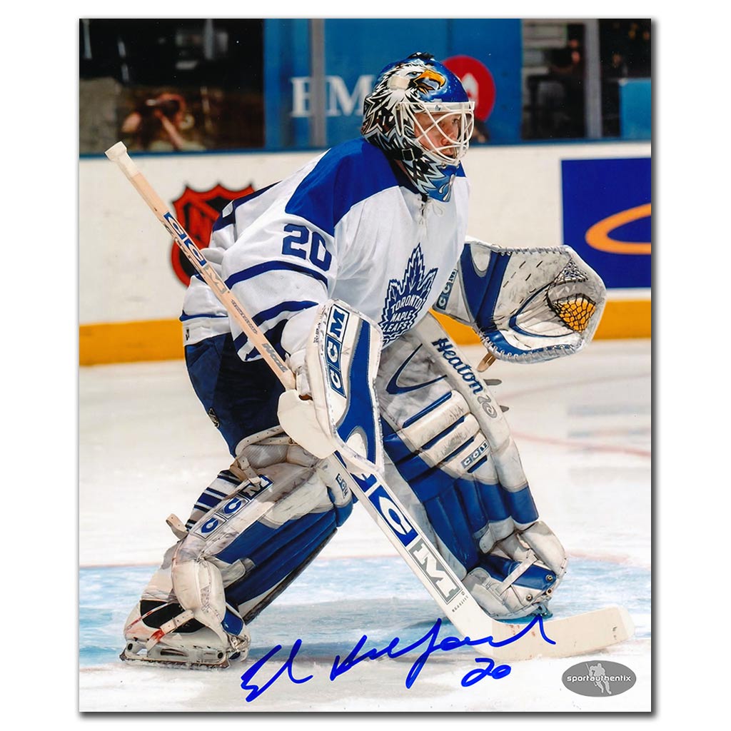 Ed Belfour autographed Toronto Maple Leafs 8x10 photo in white jersey game action
