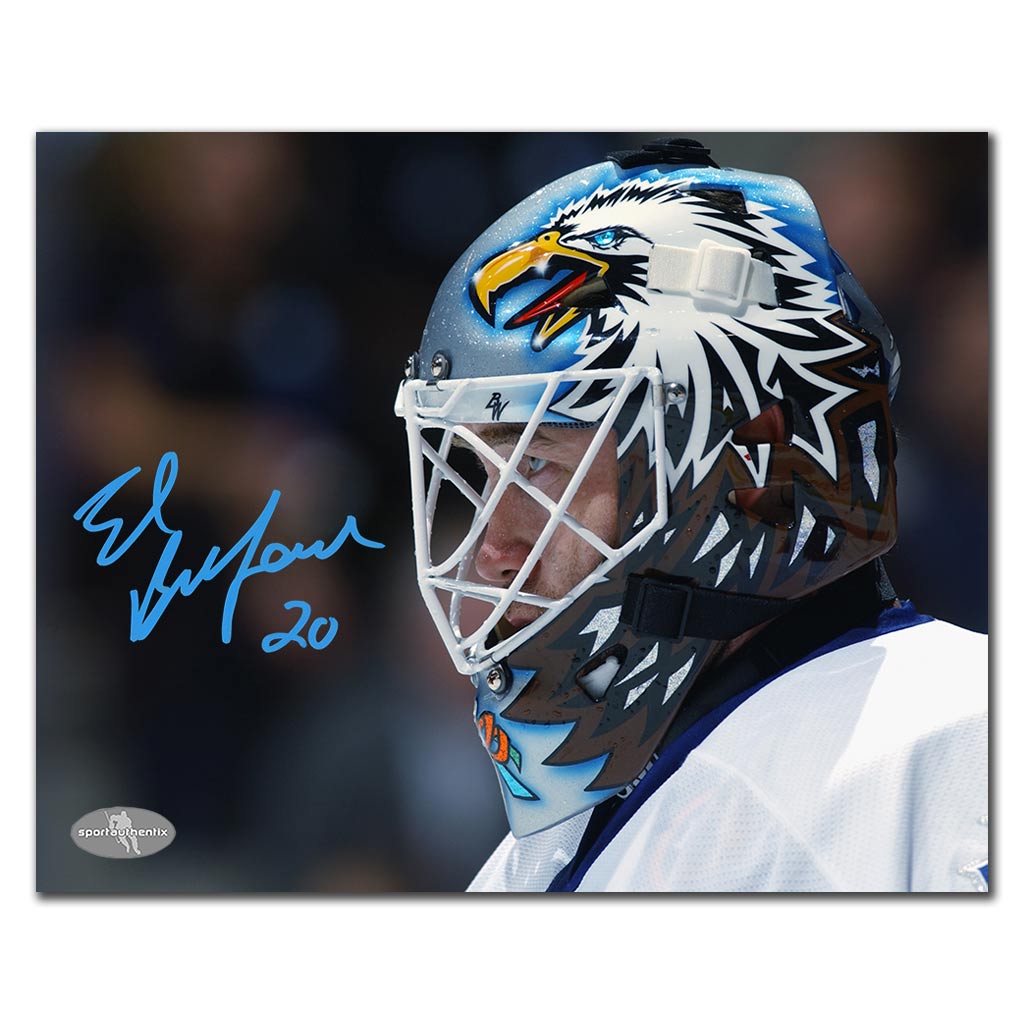 Ed Belfour autographed Toronto Maple Leafs 8x10 photo in white jersey with mask close-up