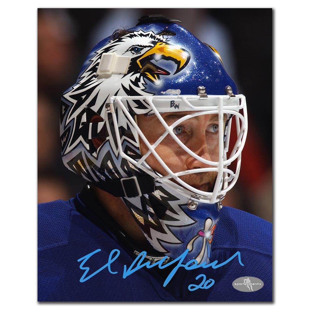 Ed Belfour autographed Toronto Maple Leafs 8x10 photo featuring a close-up of his goalie mask