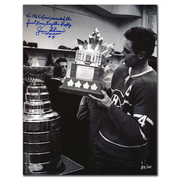 Jean Beliveau autographed Montreal Canadiens 11x14 photo with First Conn Smythe Trophy inscription