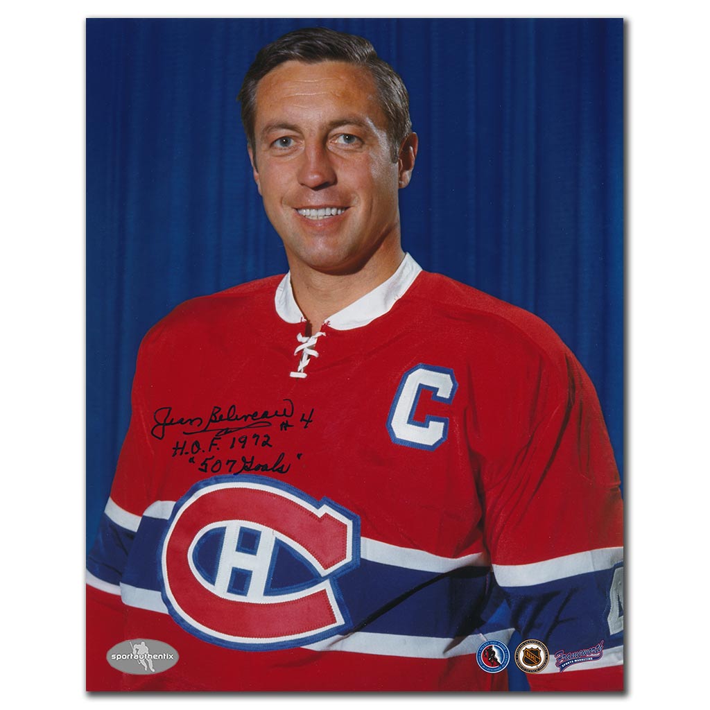 Jean Beliveau autographed Montreal Canadiens 8x10 photo in red jersey with HOF 1972 inscription