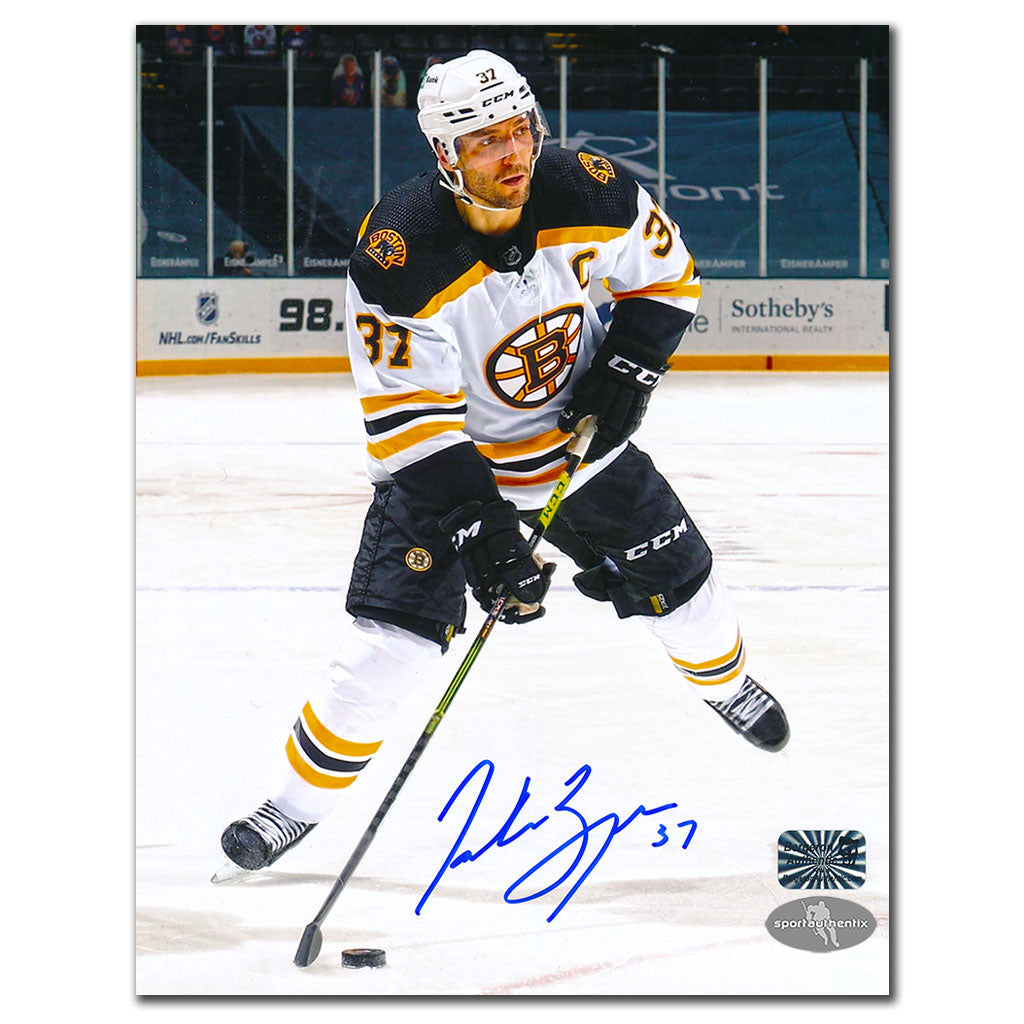 Patrice Bergeron Boston Bruins WHITE JERSEY Autographed 8x10