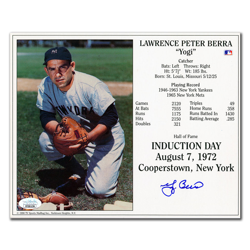 Yogi Berra New York Yankees 1972 Journée d'intronisation au Temple de la renommée dédicacé 8x10
