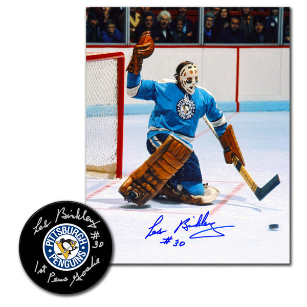 Les Binkley autographed Pittsburgh Penguins hockey puck and 8x10 photo combo with 1st Pens Goalie inscription
