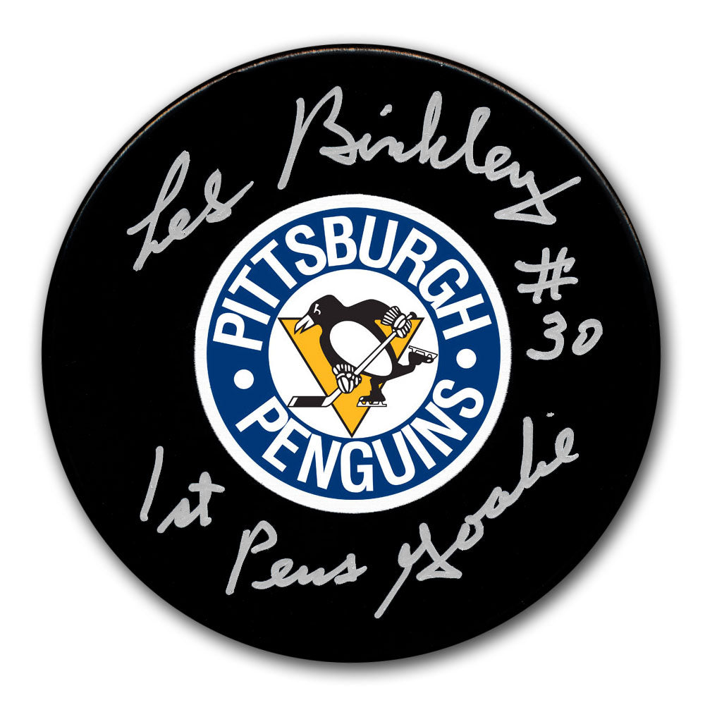 Rondelle autographiée du premier gardien de but des Penguins de Pittsburgh de Les Binkley