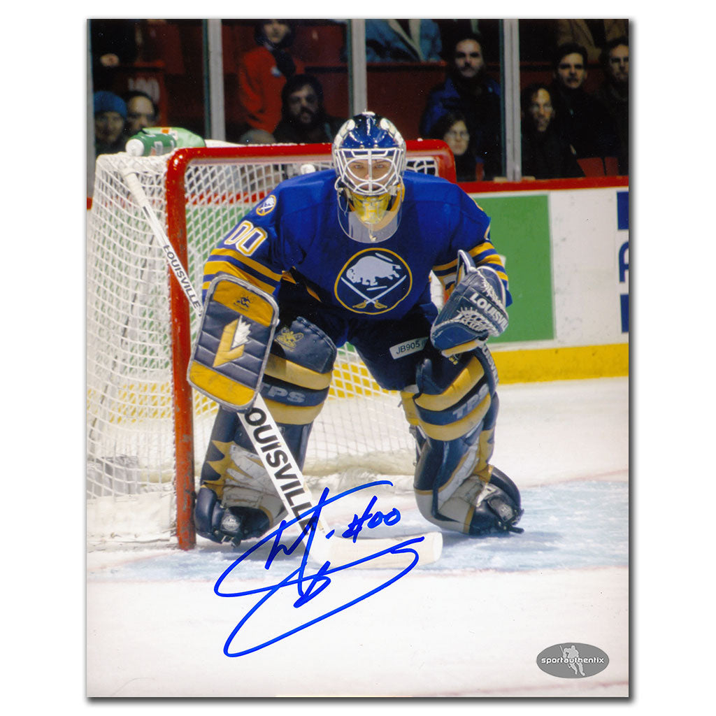 Martin Biron autographed Buffalo Sabres 8x10 photo in blue jersey playing goalie in net
