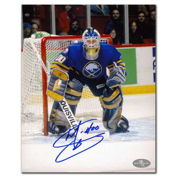 Martin Biron autographed Buffalo Sabres 8x10 photo in blue jersey playing goalie in net