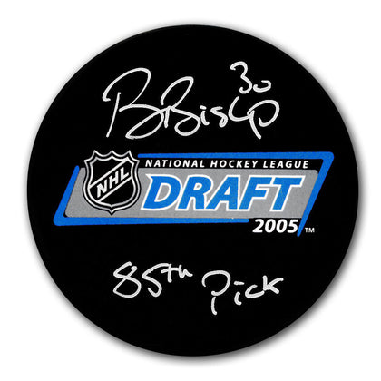 Ben Bishop 2005 NHL Draft Day black puck, signed in white ink with 85th Pick inscription + COA—premium sports memorabilia.