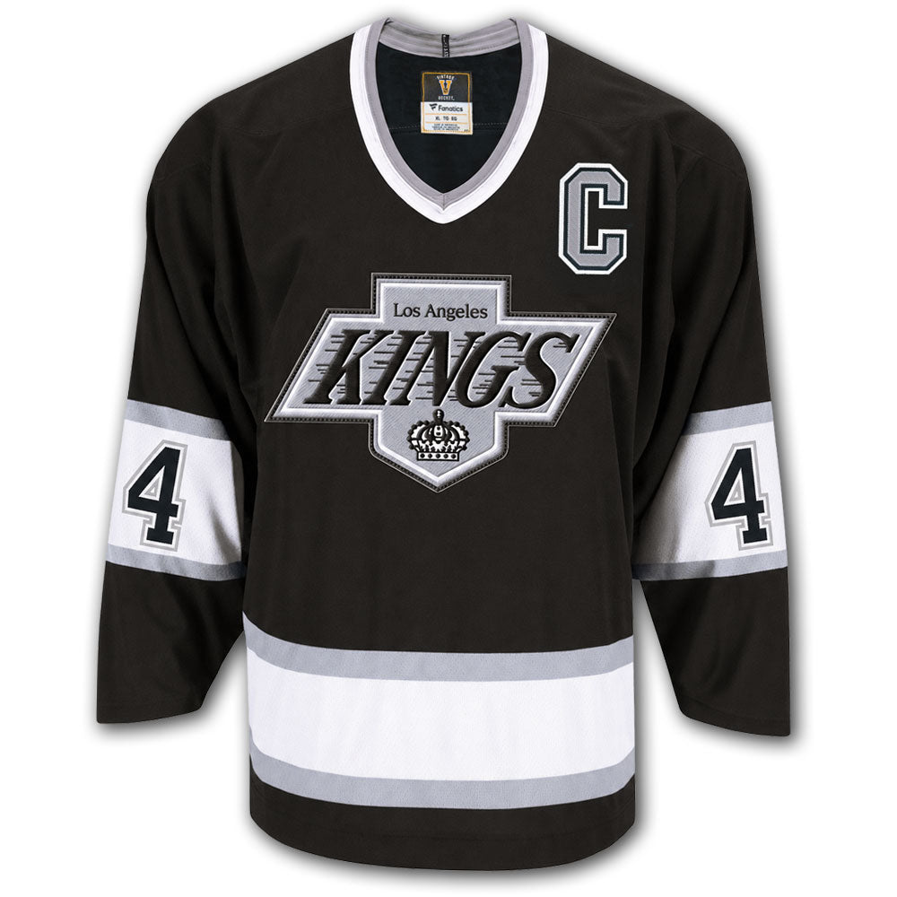 Rob Blake autographed Los Angeles Kings Fanatics Vintage Hockey jersey front with black and silver styling, captain C, Kings crest and number 4 on the sleeves