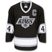 Rob Blake autographed Los Angeles Kings Fanatics Vintage Hockey jersey front with black and silver styling, captain C, Kings crest and number 4 on the sleeves