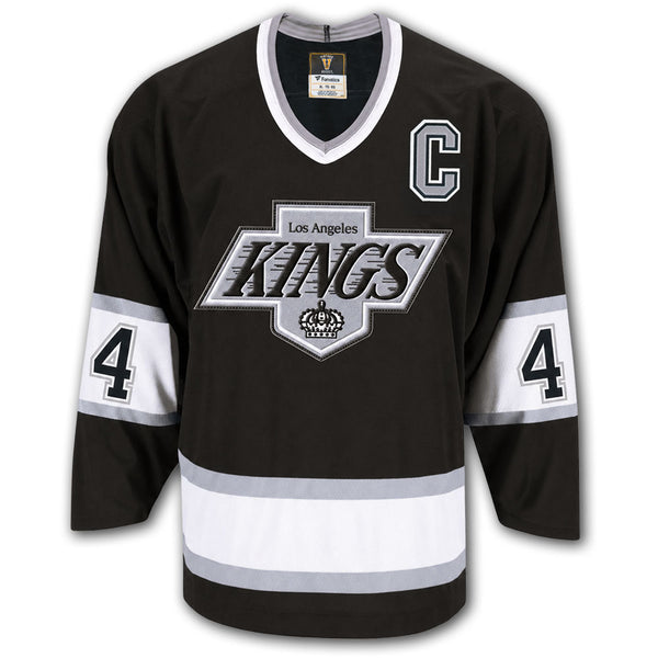 Rob Blake autographed Los Angeles Kings Fanatics Vintage Hockey jersey front with black and silver styling, captain C, Kings crest and number 4 on the sleeves
