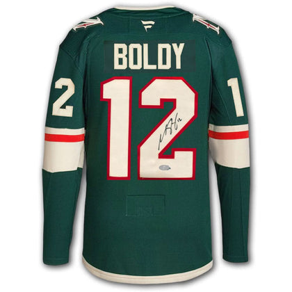 Matt Boldy Minnesota Wild Fanatics autographed jersey—premium signed memorabilia featuring BOLDY 12 on the official team jersey.