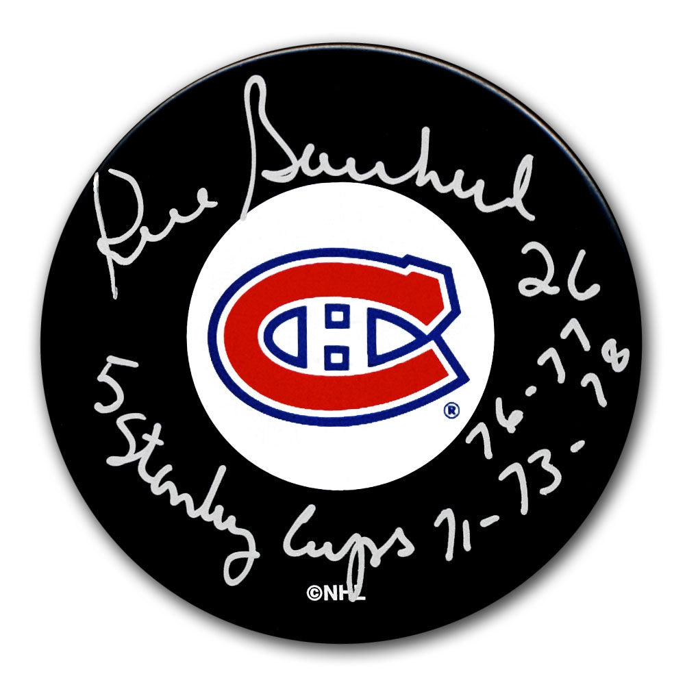 Pierre Bouchard autographed Montreal Canadiens hockey puck with 5x Stanley Cup inscription
