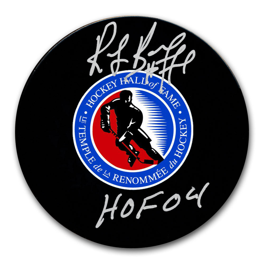 Ray Bourque autographed Hockey Hall of Fame puck with HOF 04 inscription