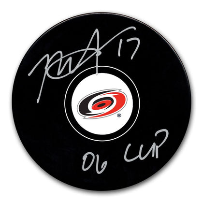 Rod BrindAmour signed Carolina Hurricanes 2006 Stanley Cup hockey puck, inscribed 06 CUP; certificate of authenticity included.