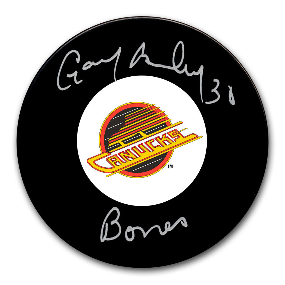 Gary Bromley autographed Vancouver Canucks hockey puck with Bones inscription