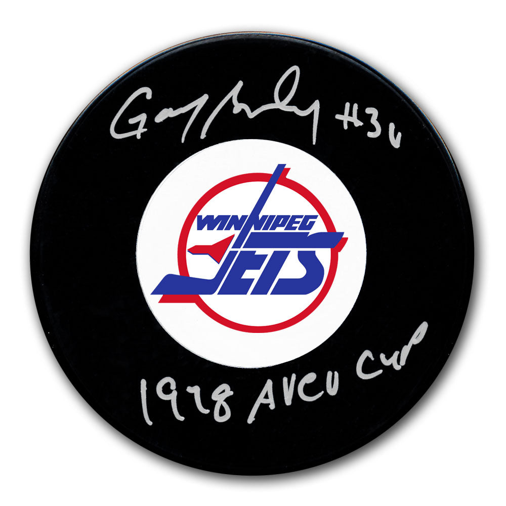 Gary Bromley autographed Winnipeg Jets hockey puck with 1978 AVCO Cup inscription