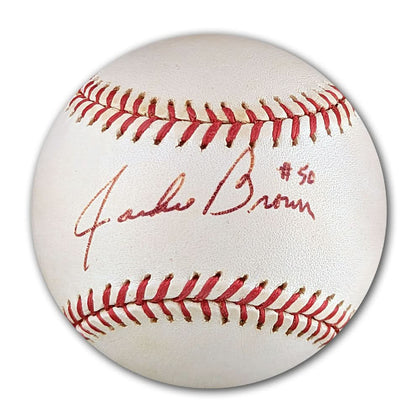 Official MLB baseball with red stitching, autographed by Jackie Brown in red ink with #50 inscription.