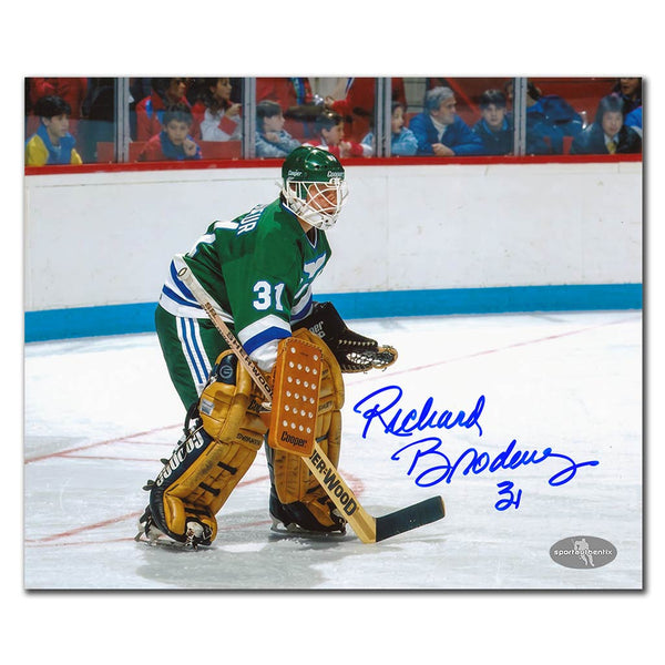 Richard Brodeur autographed Hartford Whalers 8x10 photo green jersey game action