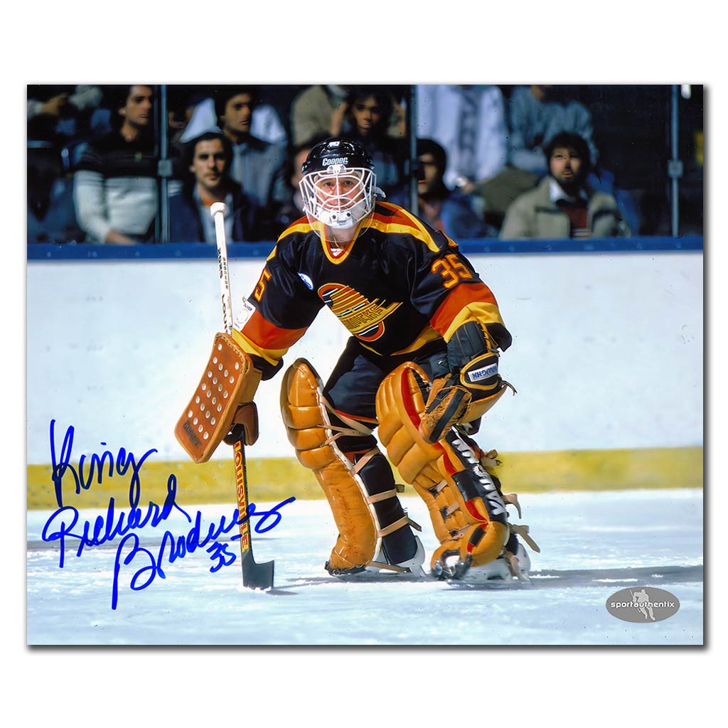 Richard Brodeur autographed Vancouver Canucks 8x10 photo black jersey game action