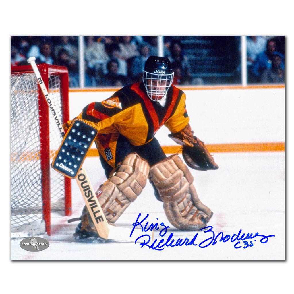 Richard Brodeur autographed Vancouver Canucks 8x10 photo yellow jersey game action