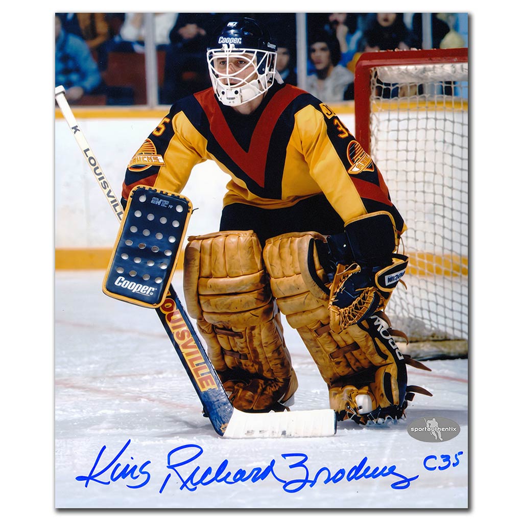 Richard Brodeur autographed Vancouver Canucks 8x10 photo between the pipes