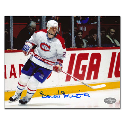 Benoit Brunet Montreal Canadiens autographed 8x10 photo—signed photo displays him skating in white jersey with cheering fans behind.