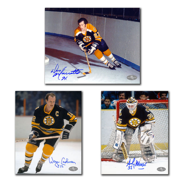 Andy Moog, Wayne Cashman and Don Marcotte autographed Boston Bruins 8x10 photo bundle