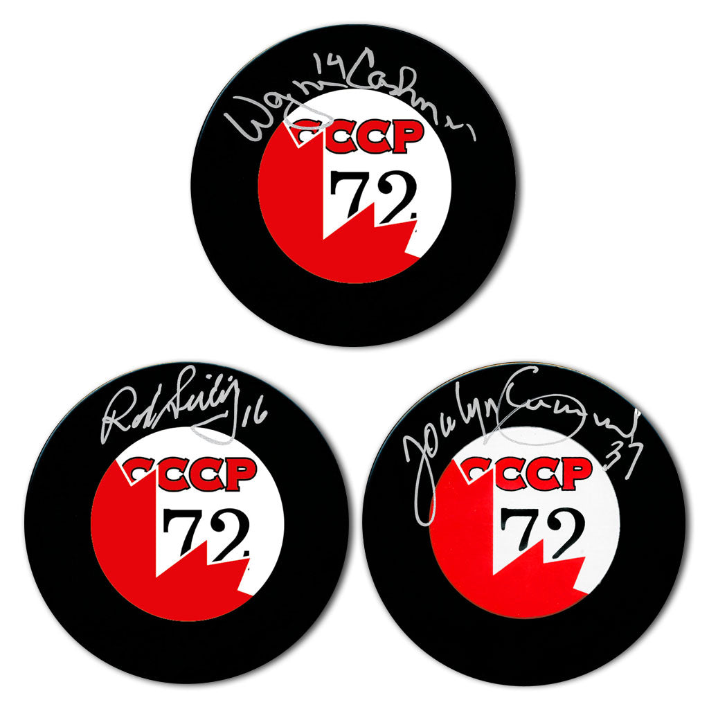 Rod Seiling, Wayne Cashman and Jocelyn Guevremont autographed Team Canada 1972 Summit Series hockey puck bundle