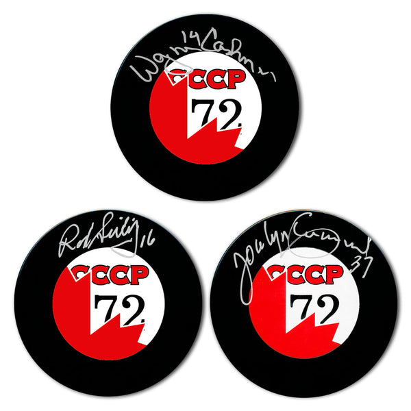 Rod Seiling, Wayne Cashman and Jocelyn Guevremont autographed Team Canada 1972 Summit Series hockey puck bundle