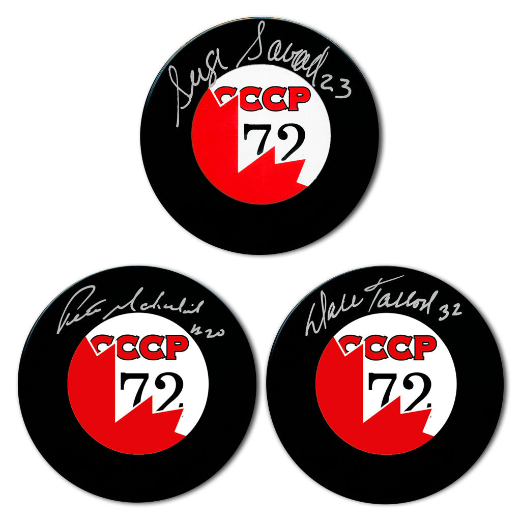 Serge Savard, Pete Mahovlich & Dale Tallon Autographed Team Canada 1972 Summit Series Hockey Puck Bundle