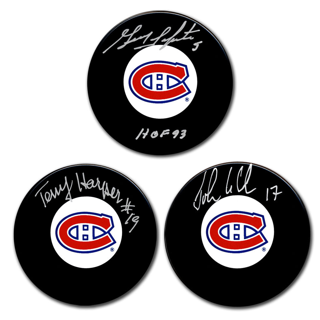 Guy Lapointe, Terry Harper and John LeClair autographed Montreal Canadiens hockey puck bundle