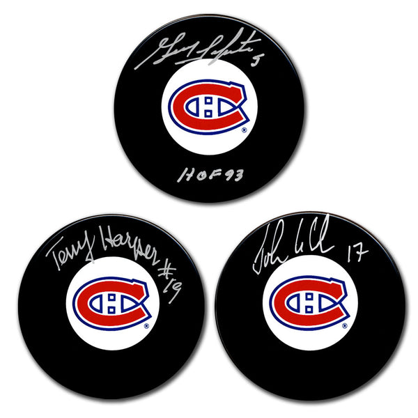 Guy Lapointe, Terry Harper and John LeClair autographed Montreal Canadiens hockey puck bundle