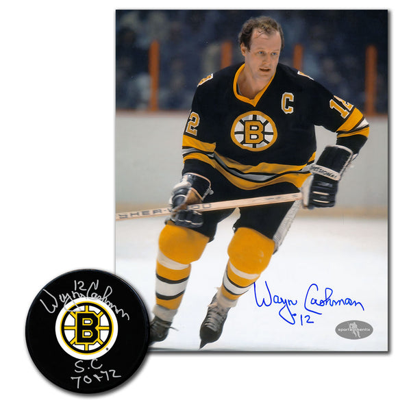 Wayne Cashman autographed Boston Bruins hockey puck and 8x10 photo combo