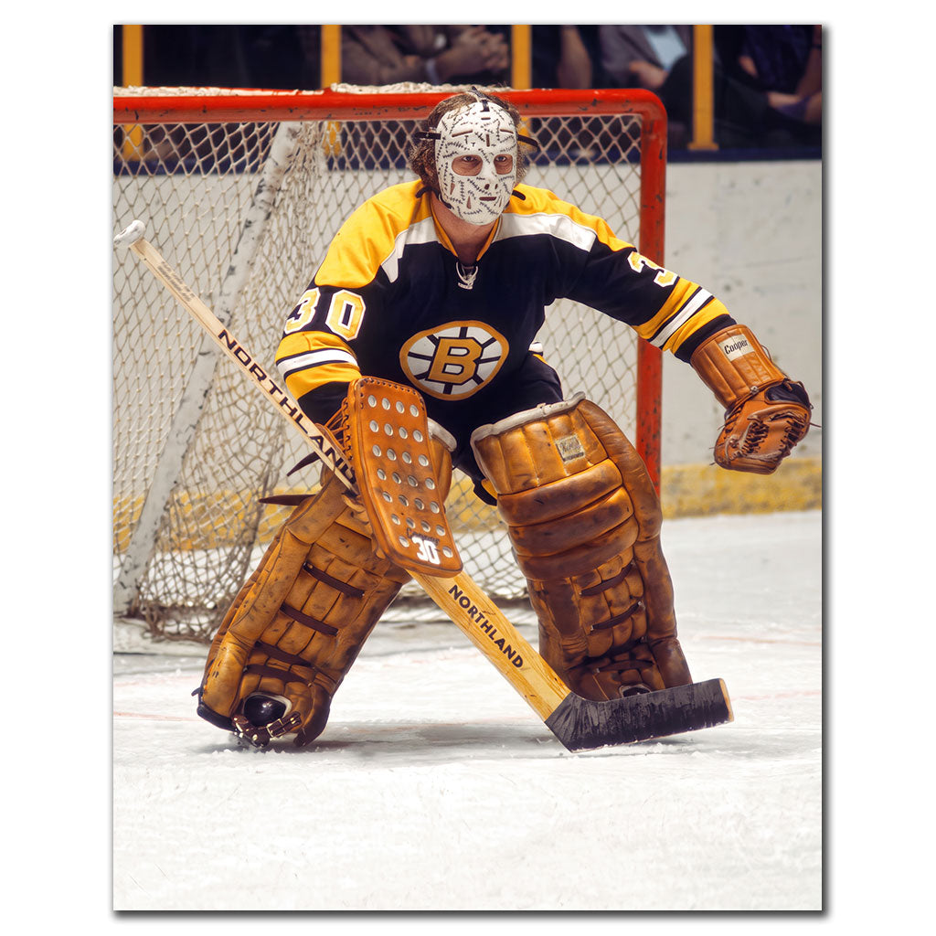 Gerry Cheevers Boston Bruins 8x10 hockey photo wearing his iconic stitched goalie mask and black uniform in the crease for autograph pre-order