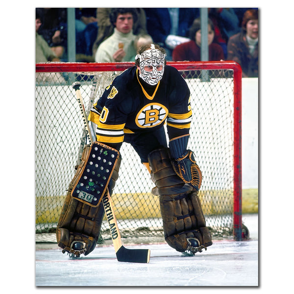 Gerry Cheevers Boston Bruins 8x10 hockey photo wearing his stitched goalie mask and black uniform in front of the net for autograph pre-order