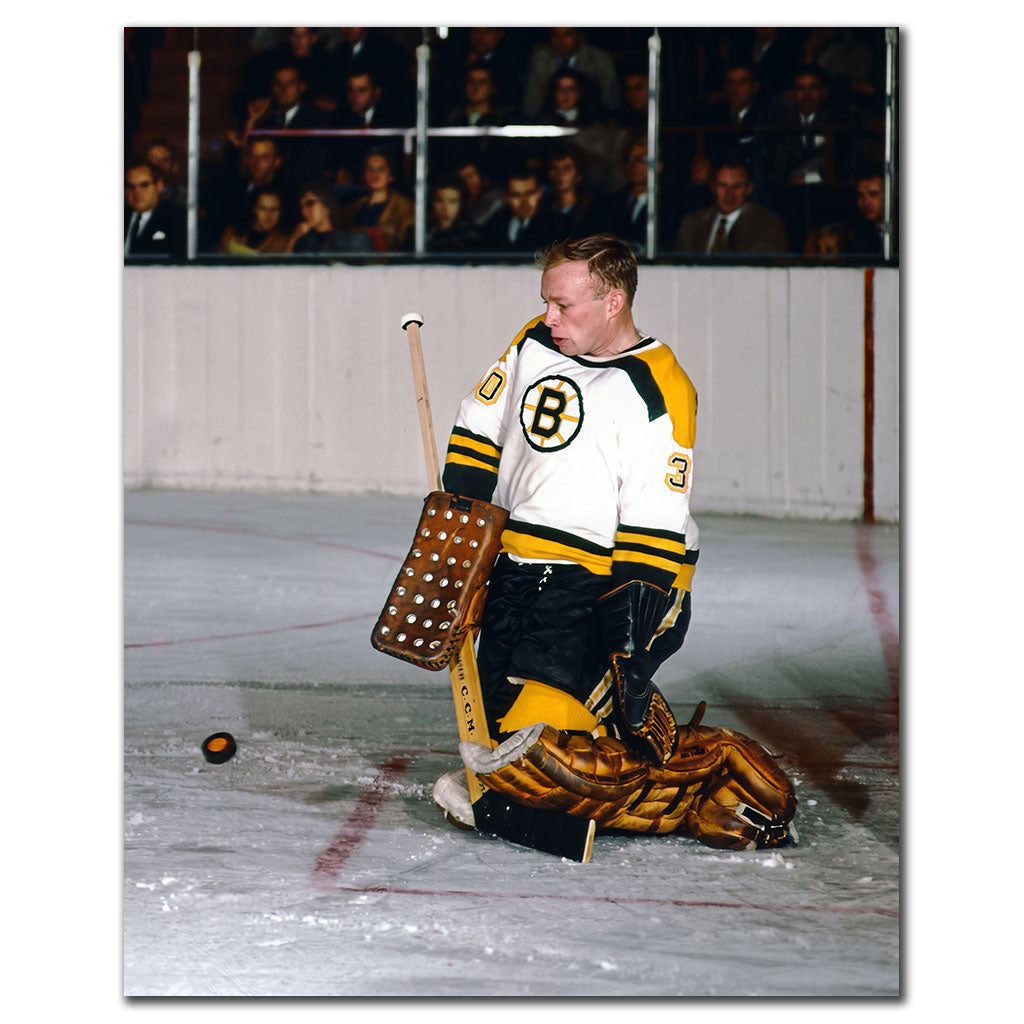 Gerry Cheevers Boston Bruins 8x10 hockey photo in a white uniform kneeling beside the goal crease for autograph pre-order