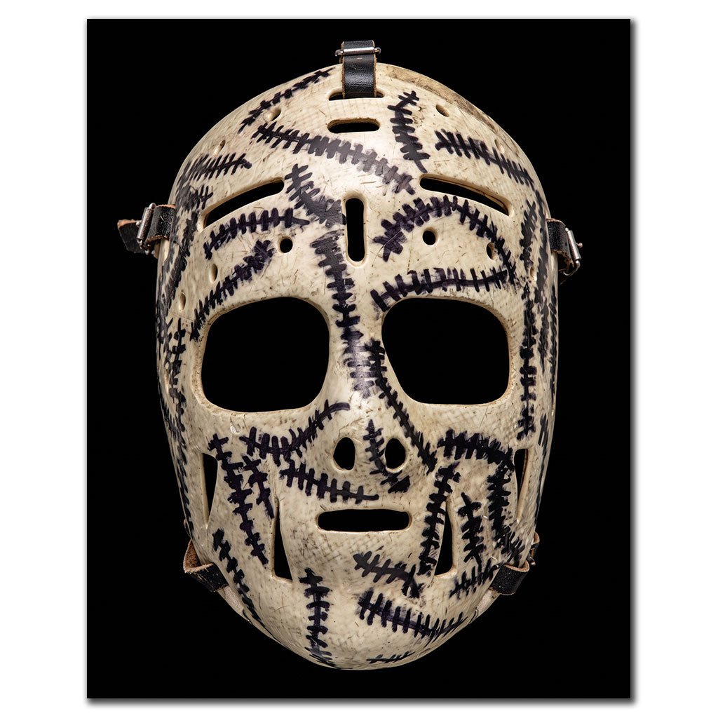 Gerry Cheevers Boston Bruins 8x10 hockey photo featuring his iconic stitched goalie mask displayed against a black background for autograph pre-order