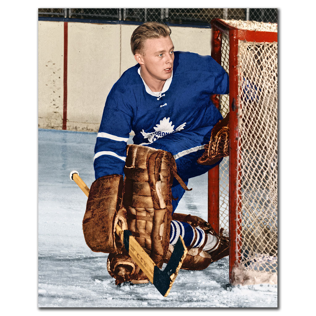 Gerry Cheevers Toronto Maple Leafs 8x10 hockey photo in a blue uniform kneeling beside the goal during his playing career for autograph pre-order