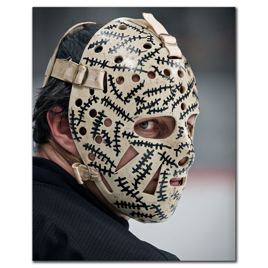 Close-up Gerry Cheevers Boston Bruins 16x20 hockey photo featuring his iconic stitched goalie mask for autograph pre-order