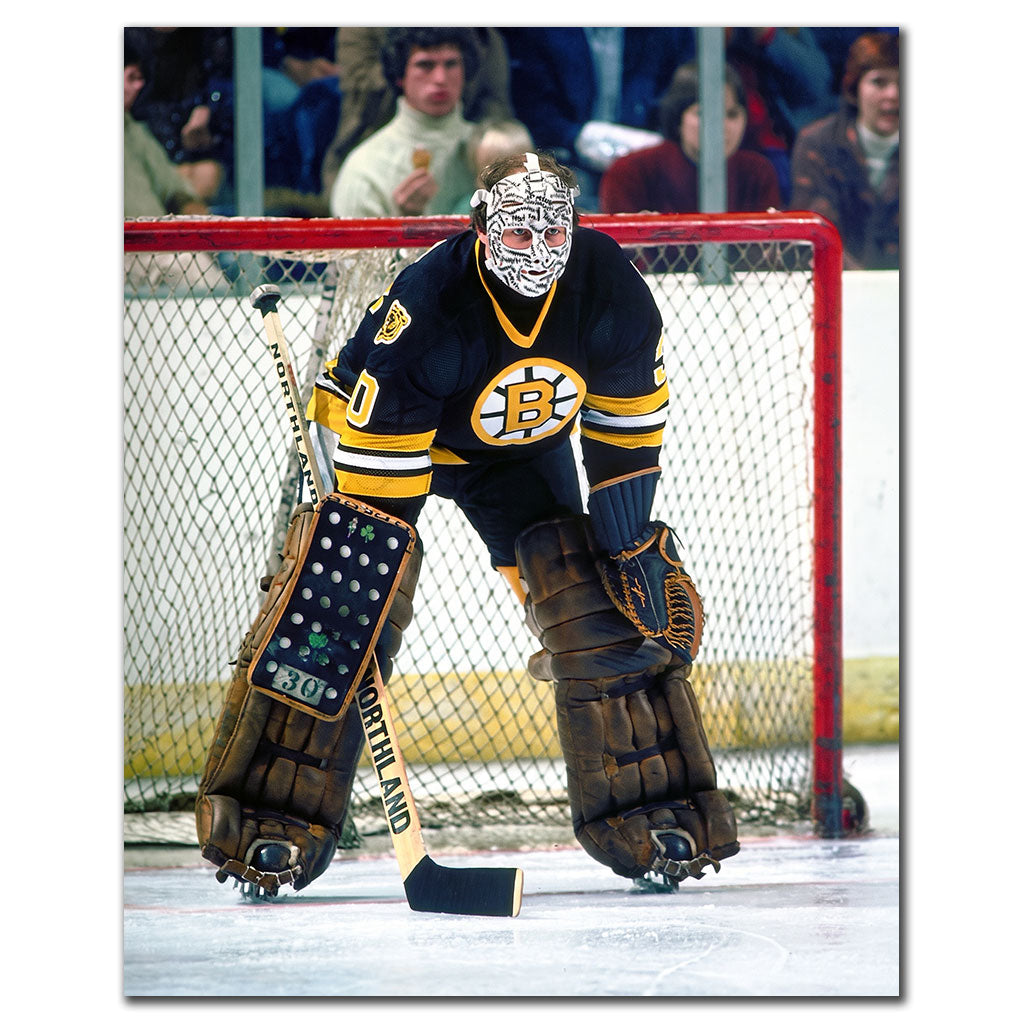 Gerry Cheevers Boston Bruins 16x20 hockey photo wearing his stitched goalie mask and black uniform in front of the net for autograph pre-order