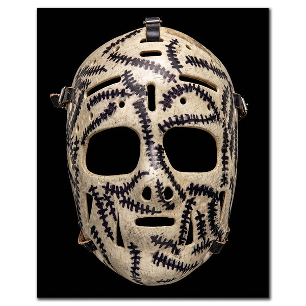 Gerry Cheevers Boston Bruins 16x20 hockey photo featuring his iconic stitched goalie mask displayed against a black background for autograph pre-order