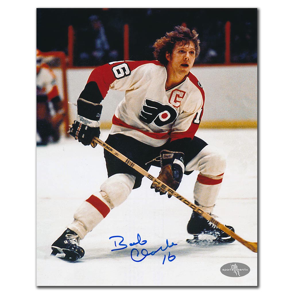 Bobby Clarke autographed Philadelphia Flyers 8x10 white jersey game action photo