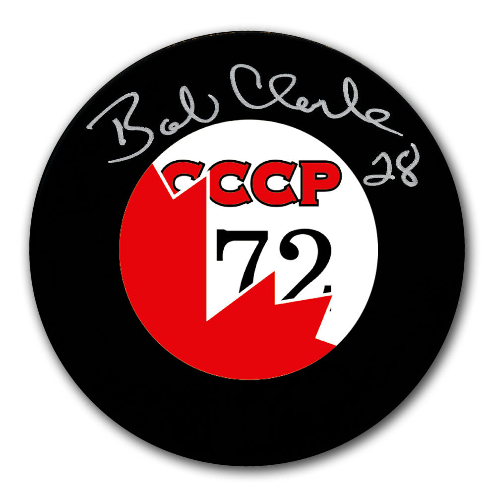 Bobby Clarke autographed Team Canada 1972 Summit Series hockey puck with CCCP 72 logo and silver signature